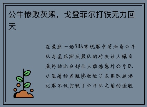 公牛惨败灰熊，戈登菲尔打铁无力回天